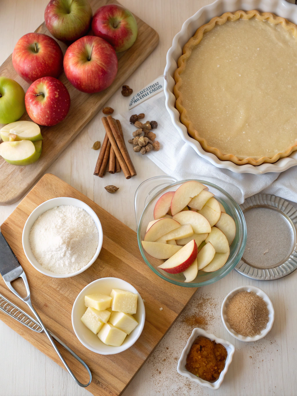 Apple pie ingredients arranged on a wooden table