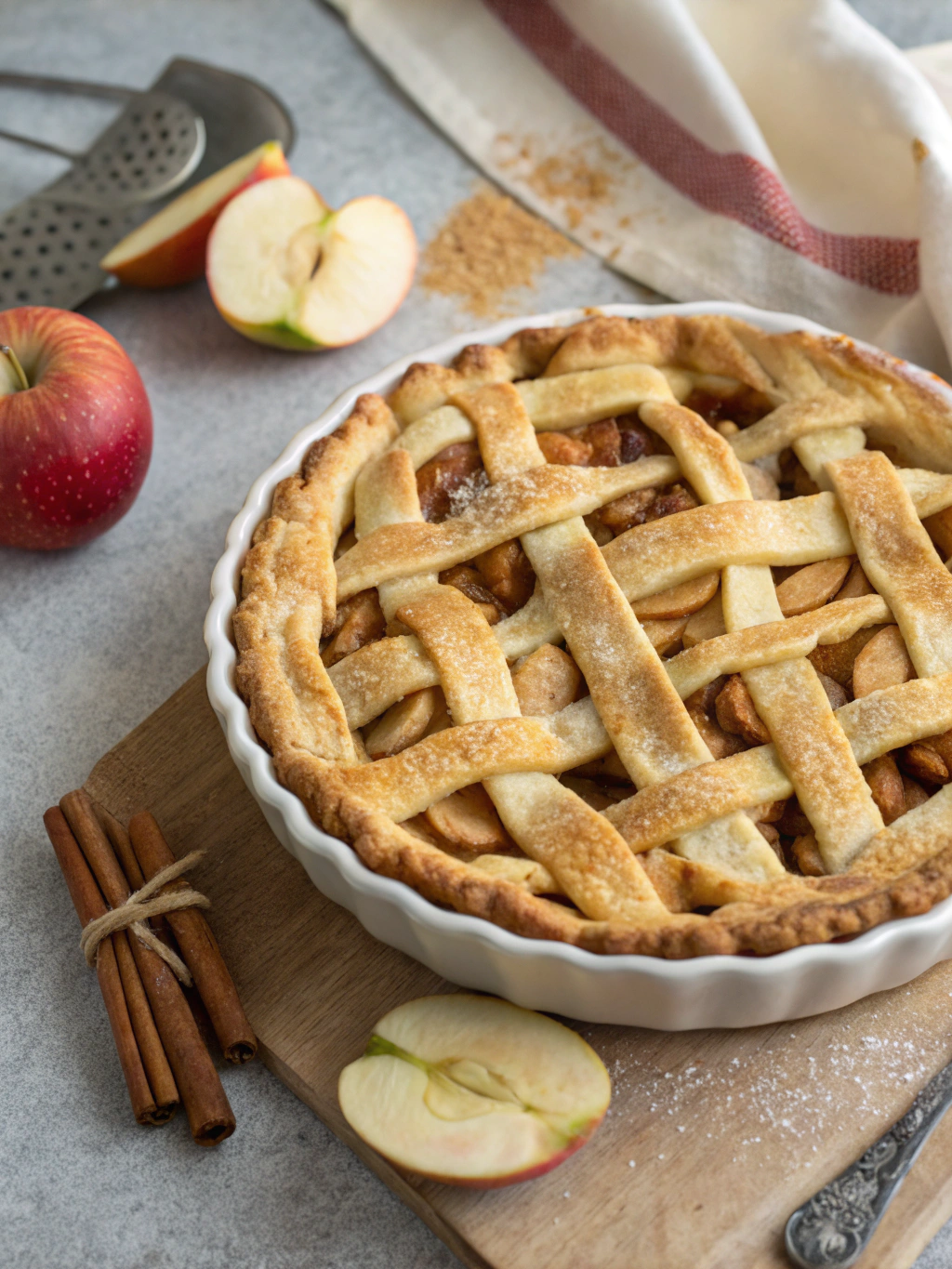 Apple pie slice on a plate with ice cream and caramel drizzle