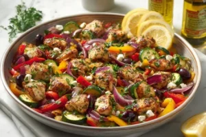 Mediterranean Chicken Stir Fry served in a colorful skillet with vegetables