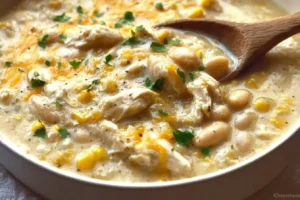 Bowl of delicious White Chicken Chili topped with cilantro and jalapeños